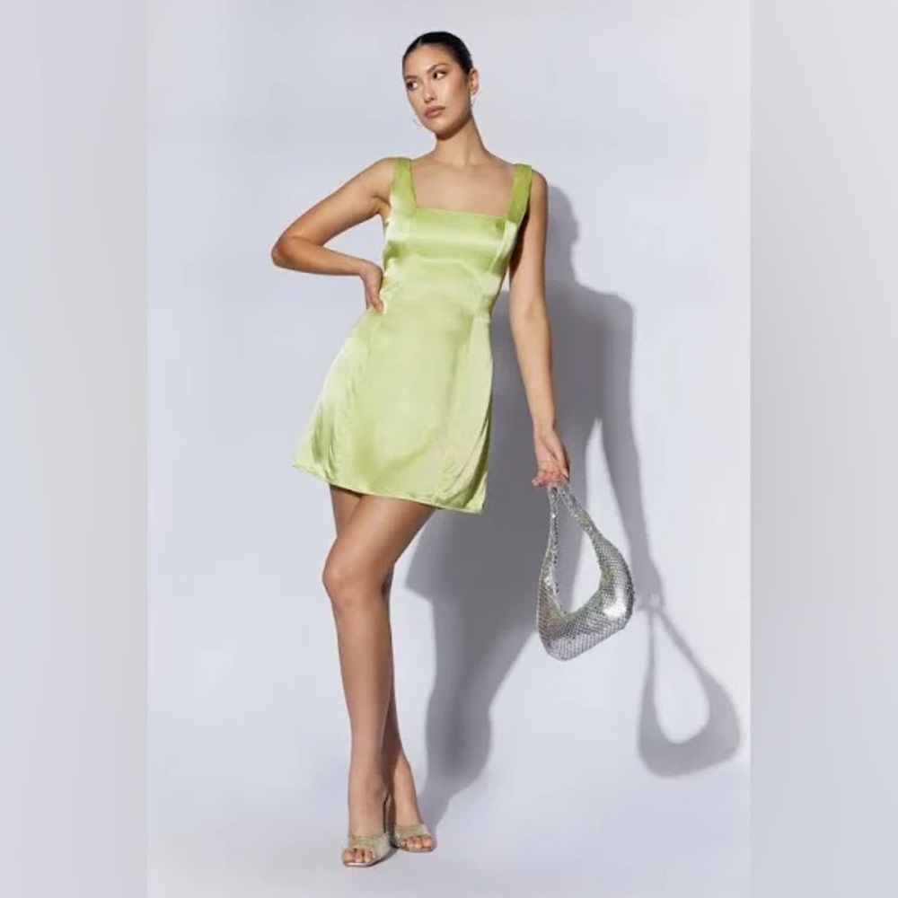 NWT Meshki Carina Tie Back Black Mini Slip‎ Dress size L pistachio green